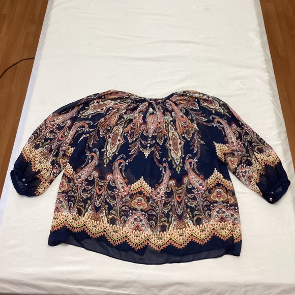 Cato Womens Navy Blue Paisley Print 3/4 Sleeve Sheer Boho Blouse Size M RN37080 - Picture 9 of 9